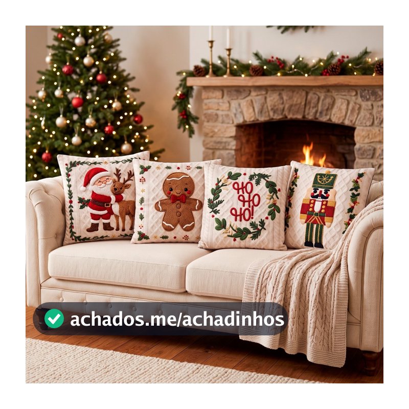 Kit Com 04 Capas de Almofadas Natal 40x40 Tecido Suede Aveludado Elegante Sofisticado Premium Sublimação Efeito Realista