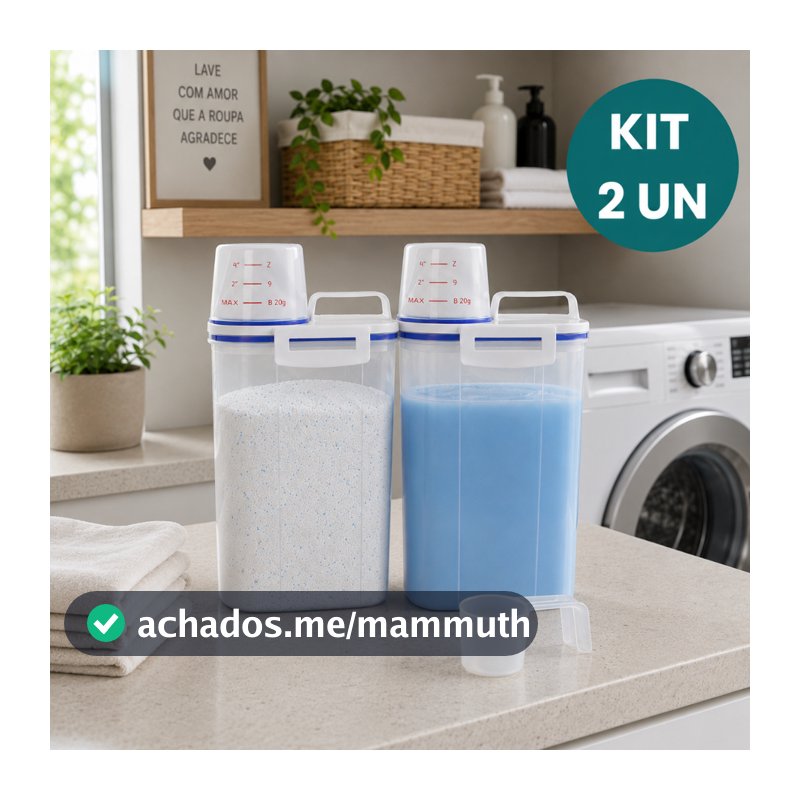 Kit 2 Potes Herméticos 2L Lavanderia Copo Medidor Bico Dosador Porta Sabão em Pó Amaciante Produtos de Limpeza