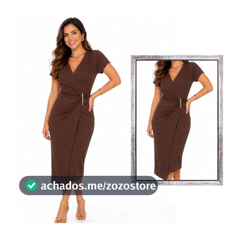 Vestido Feminino Midi Elegante Envelope Transpassado Canelado Decote V