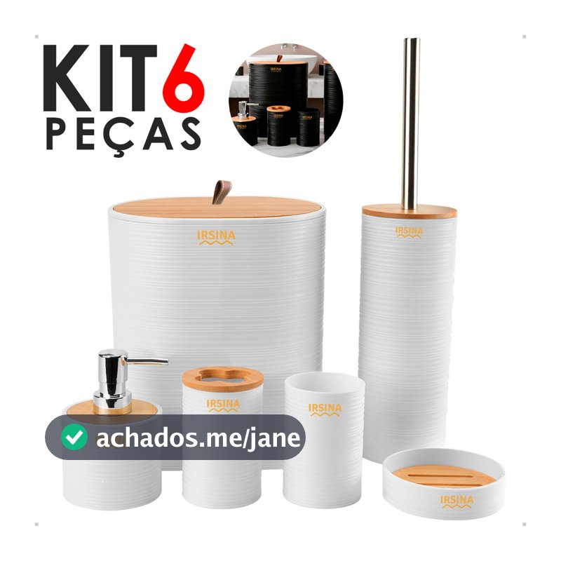KIT Acessórios de Banheiro Lavabo de Bambu Conjunto Completo Lixeira Saboneteira Escova