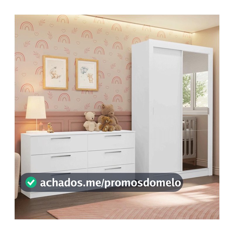 Conjunto Quarto Infantil com Guarda Roupa 2 Portas com Espelho e Cômoda Madesa