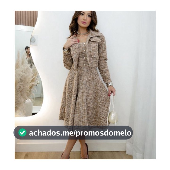 Conjunto vestido y Casaco  Blêizer Moda Evangelica Na malha Tweed Com lacinho e Botão Perolado