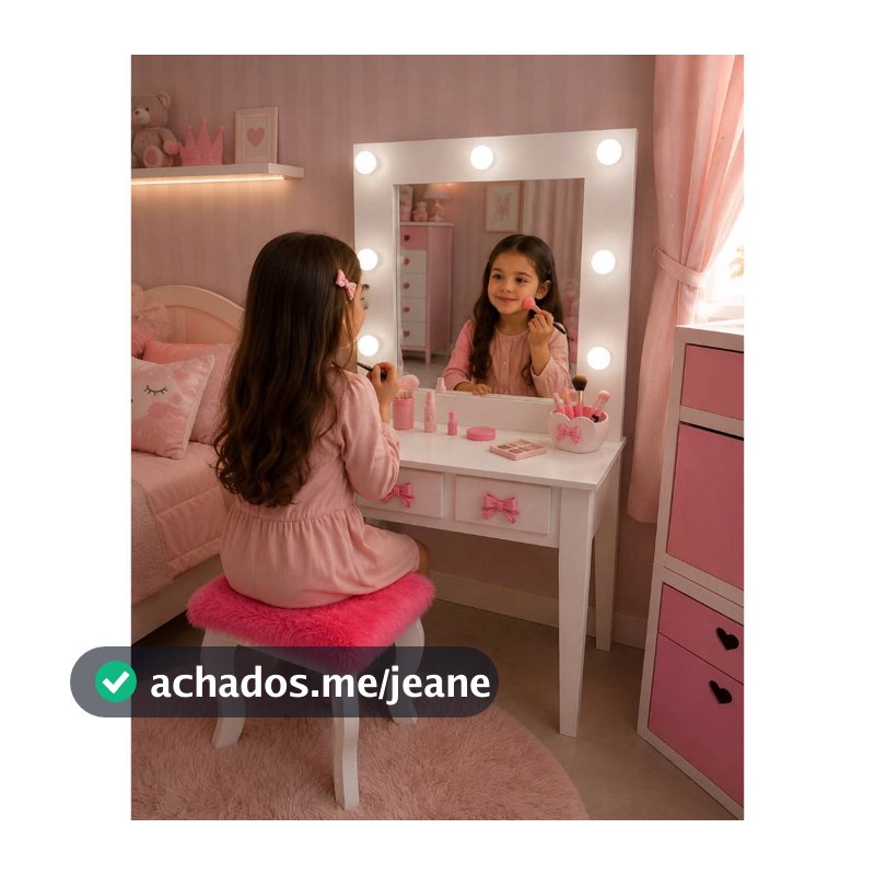 Penteadeira Camarim Infantil Completa Rosa lilas branco Espelho com Luz Banqueta Estofada criança princesa maquiagem