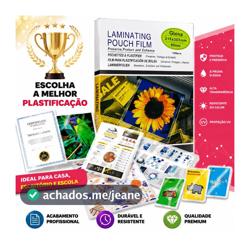 Plástico para Plastificação Pouch Film A4 80 Micras para Documentos e Cartões