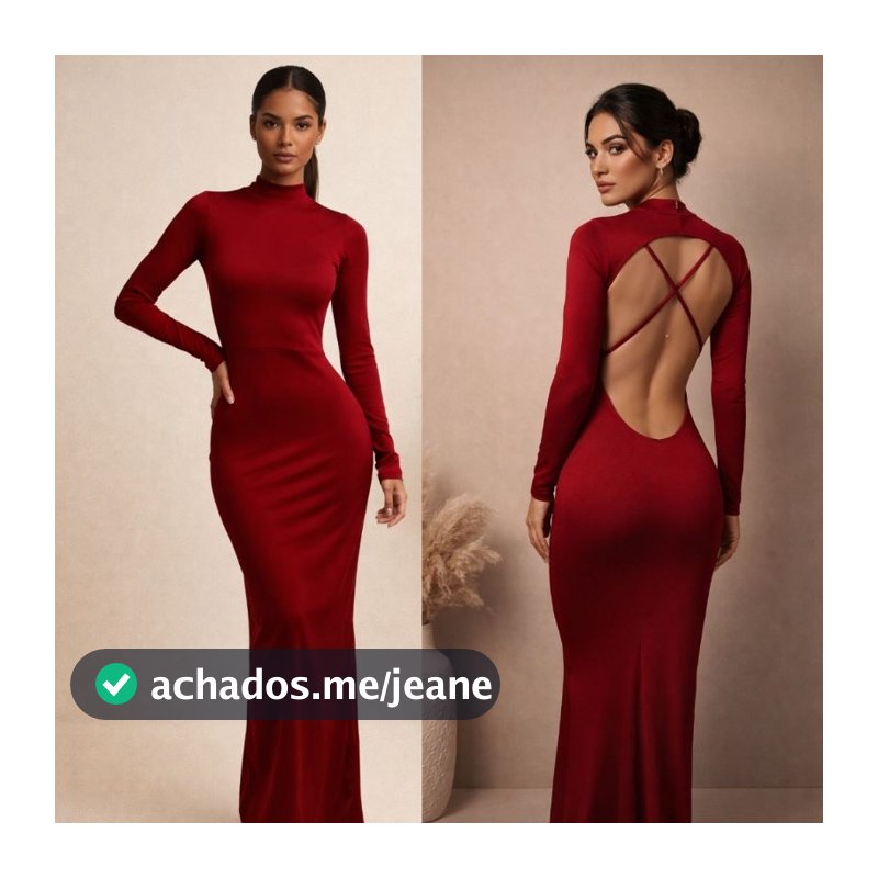 Vestido Longo Suplex Manga Longa Gola Alta Costas Nuas X Elegante Festa Ajustado Empina Bumbum 36 ao 42 Moda Inverno