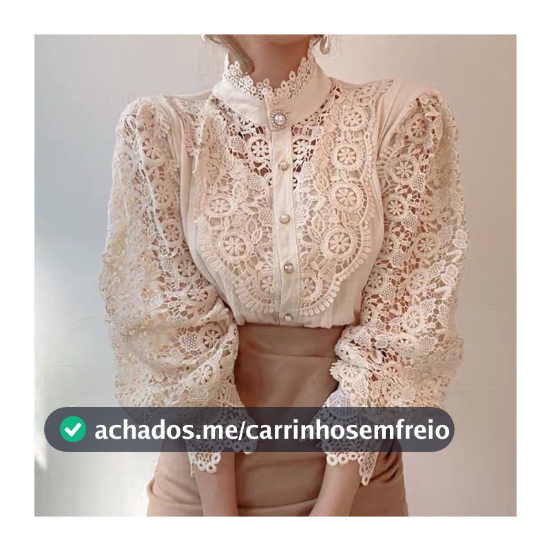Camisa Feminina Francesa Elegante E Com Botão Oco Blusas De Renda Gola
