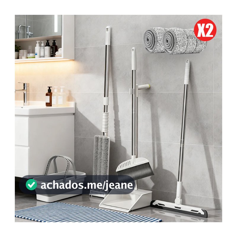 Kit 5 Limpeza com Cabo Inox Rodo EVA Vassoura Nylon Mop Seco Microfibra com Suporte Emborrachado -S7