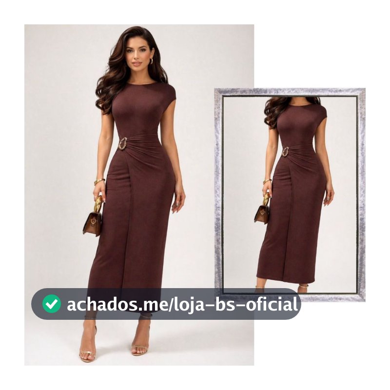 Vestido Midi Manga Transpassado com Fivela Tendência Premium