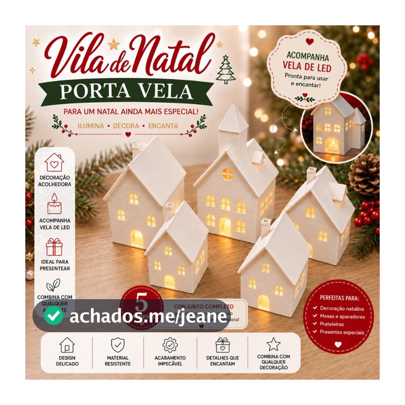 Vila de Natal 5 Casinhas Porta Vela Led Decoração de Natal Enfeite Mesa - COM OPÇÕES DE CORES DISPONÍVEIS