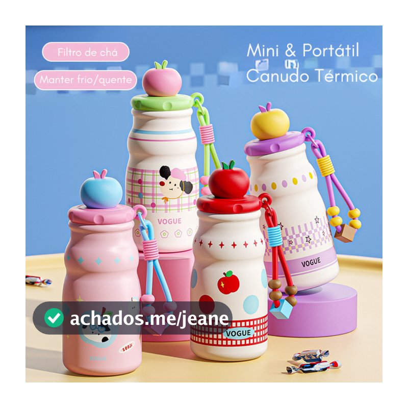 Garrafa Térmica Infantil Kawaii 480ml Aço Inox Com Canudo Tampa Maçã Filtro de Chá Alça Escolar