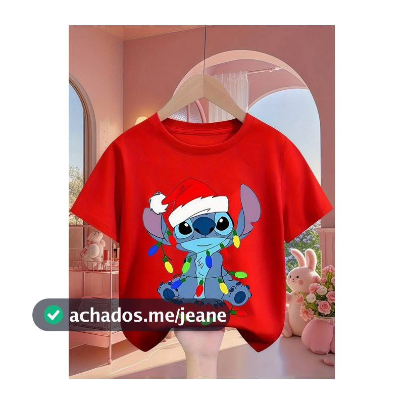 Camiseta Infantil Natal Stitch Estampa Desenho Animado para Meninas 100% Algodão Presente de Natal