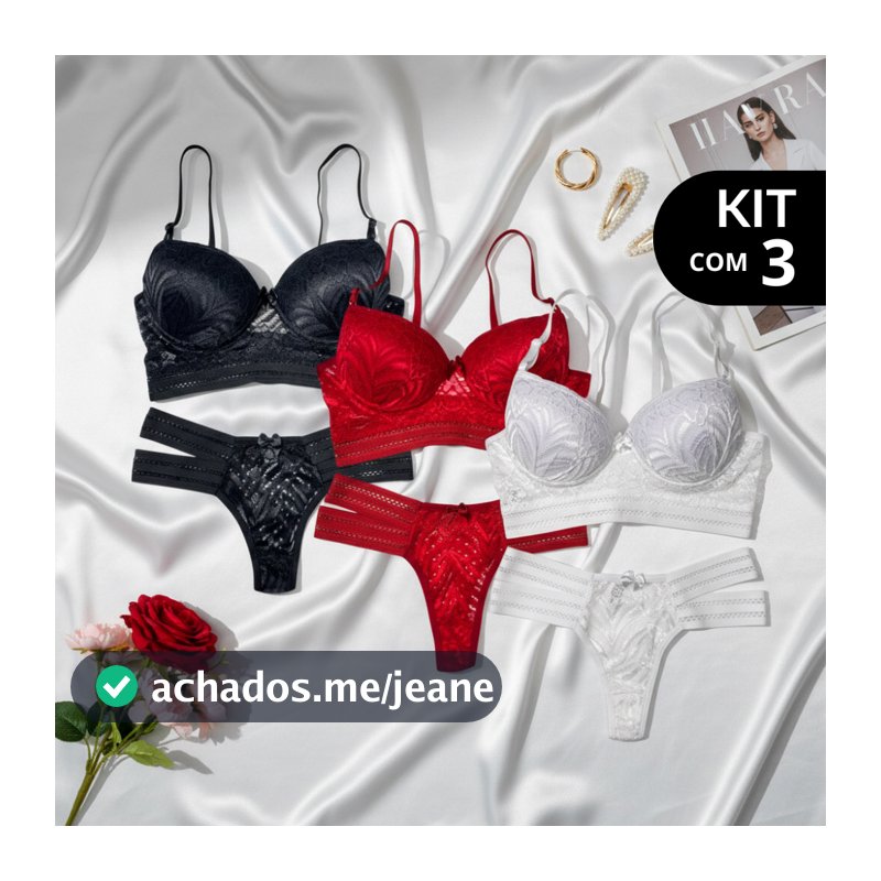 Kit 3 Conjuntos Diva Lingerie Renda Feminina Sutiã com Bojo e Aro Cropped Calcinha Tiras Conforto