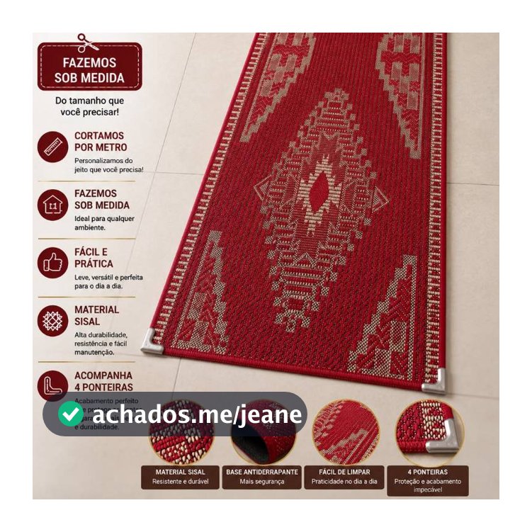 Tapete Passadeira Sisal 3mts Vermelha Natalina para Cozinha e Corredor – Tapete Decorativo de Natal Antiderrapante