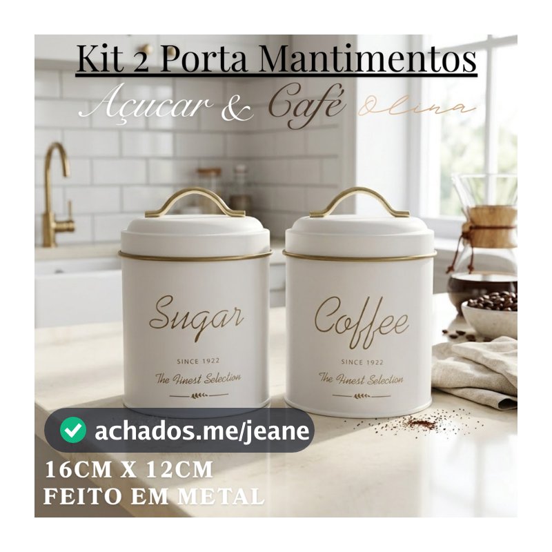 Jogo 2 Porta Mantimentos Lata Metal Açucar e Café 12x16cm Bege Multiuso Decorativo Olina Luxo