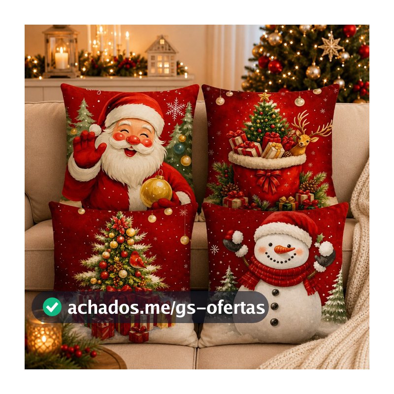 Kit 4 Capas de Almofadas Natalinas Feliz Natal 45cm x 45cm Estampadas Decorativas