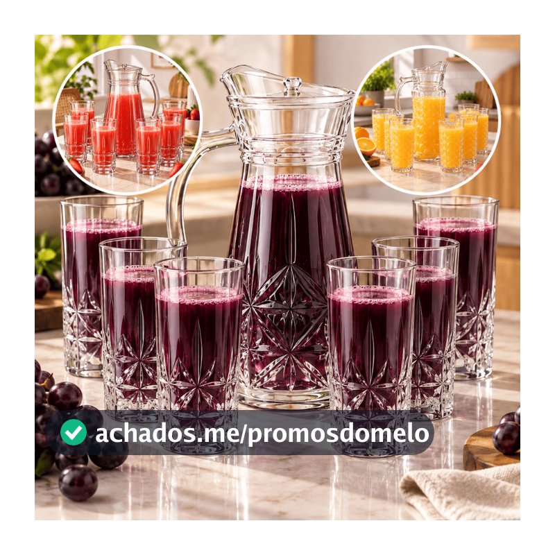 Jarra de Vidro 1,7L com 6 Copos 370ml Conjunto para Suco Água Bebidas Design Diamante