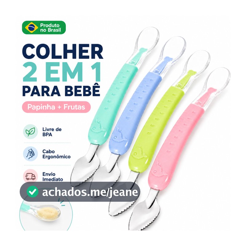 Colher Bebê 2 em 1 Raspa Fruta Silicone Inox Papinha BLW Introdução Alimentar Atóxica Maternidade 6m