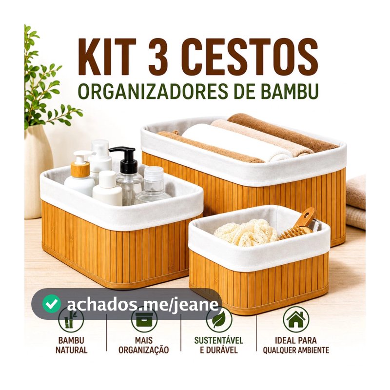 Kit 3 Cestos Organizadores de Bambu Multiuso com Forro
