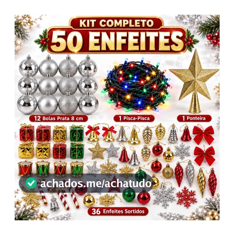 Kit 50 Enfeites Árvore De Natal Bolinhas Pendentes Pisca Pisca Laços Decoração Natalina Papai Noel