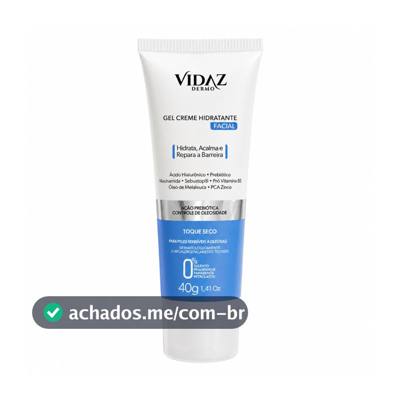 Gel Creme Hidratante Facial Vidaz 40g Ácido Hialurônico Niacinamida Pele Oleosa e Sensível