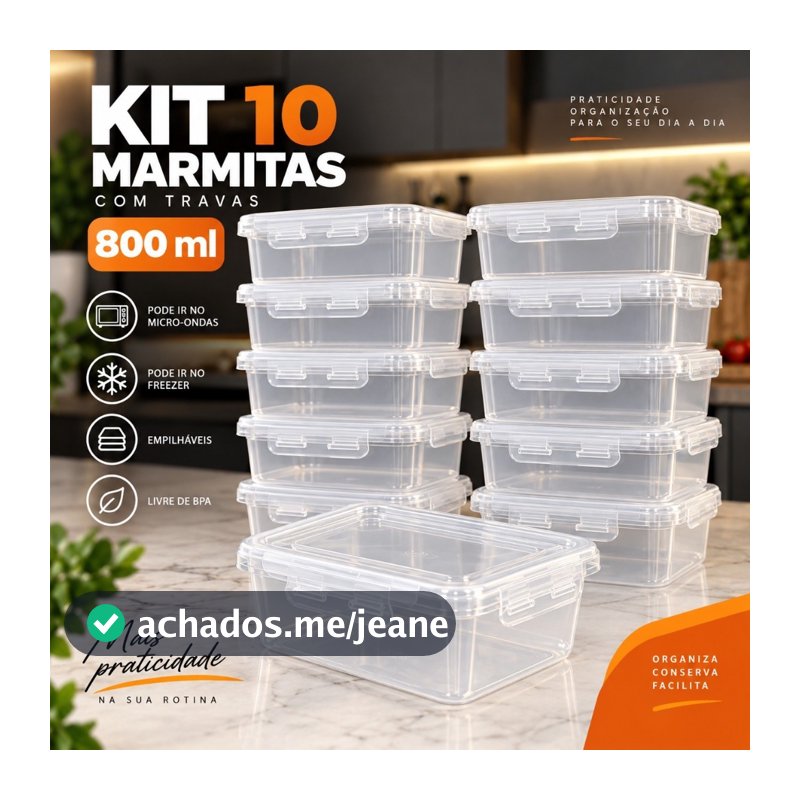 Kit Com 10 potes 800ml Tampa Com Trava Marmita Fitness Lavavel Freezer Microondas Durável BPAFree