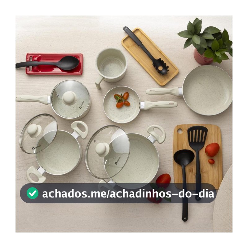 Jogo de Panelas Haushop 10 Peças Cerâmico Marmorizado com Tampas e Utensílios, compatível fogão Indução, gás, elétrico
