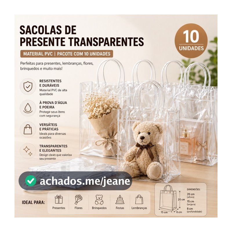 10/20/30 Sacolas Transparentes PVC com Alça e Botão Reutilizáveis Impermeáveis para Festas, Brindes e Casamentos