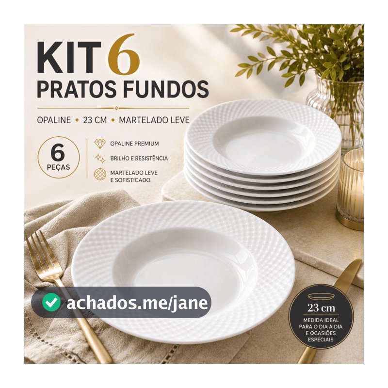 Kit 6 Pratos Fundos 23cm Opaline Branca Borda Martelada