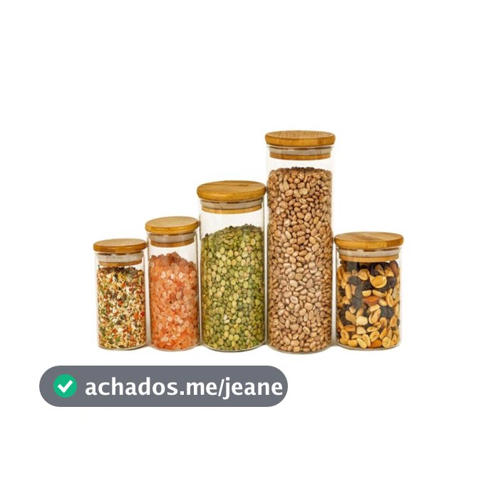 Kit 5 Potes De Vidro Pequeno para Mantimentos com Tampa Bambu 200ml 250ml 300ml 400ml 550ml