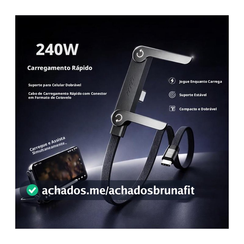Cabo Carregador Invisível 2 em 1 240W Super Rápido Duas Pontas Type-C Preto Ideal para Carro Jogos Mag Safe Suporte Dobr