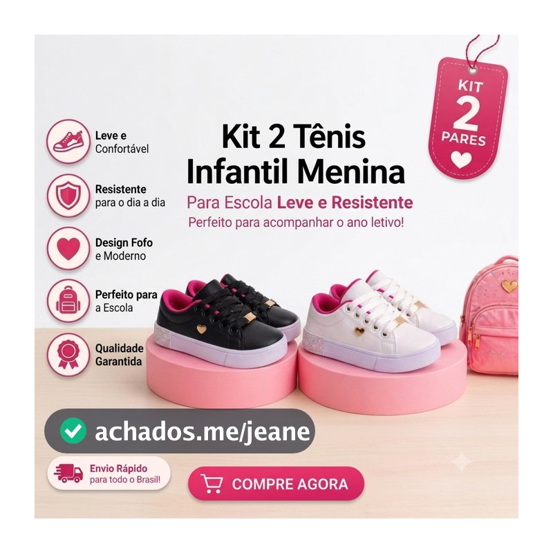 Kit 2 Pares Feminino Menina Leve Confortável Escolar (colegial)