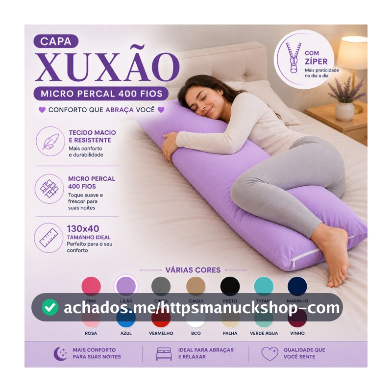 Fronha Xuxão MicroPercal 400 fios com Zíper, 1.30x0.40, Travesseiro de Corpo, Gestante, Super Macia