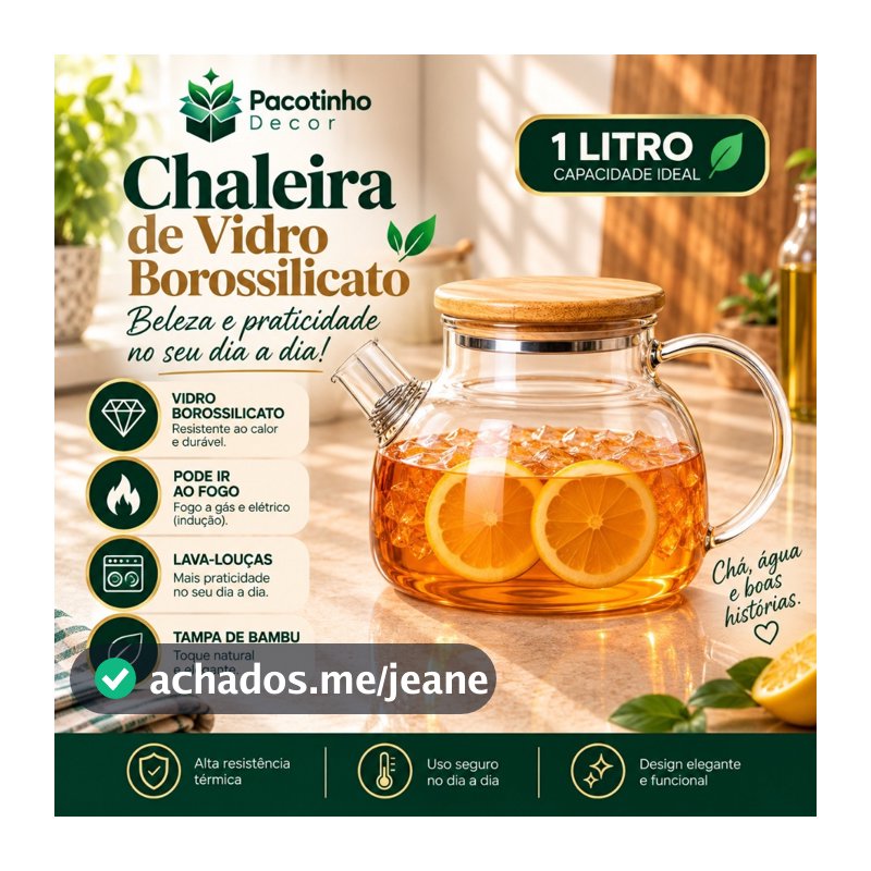 Chaleira de Vidro Borossilicato para Fogão com Filtro Inox e Tampa de Bambu 1000ml