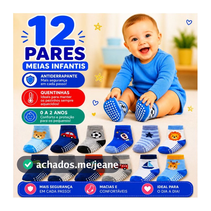 Kit 12 Pares de Meias Bebê Menino Antiderrapantes Algodão Confortáveis 0–24 Meses Infantil