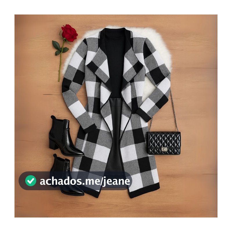 Cardigan Xadrez Casaco Kimono Sobretudo Tricô Moda Inverno Elegante Feminino Frio Lã Boho