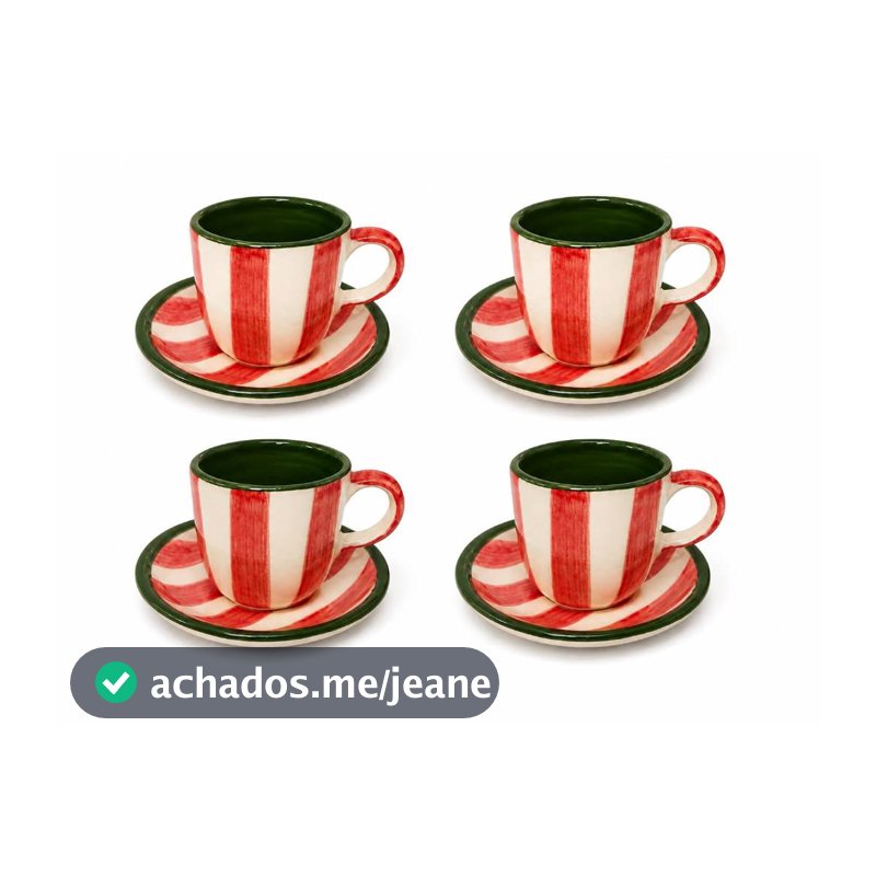Xícaras com Pires Natalina 100ml 1, 4 e 6 Unidades em Cerâmica Pintada à Mão Artesanal Café