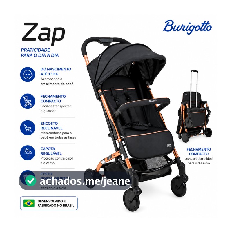 Carrinho de Bebê Burigotto Zap Preto Chassi Metal Cobre 0 a 15kg Passeio Compacto