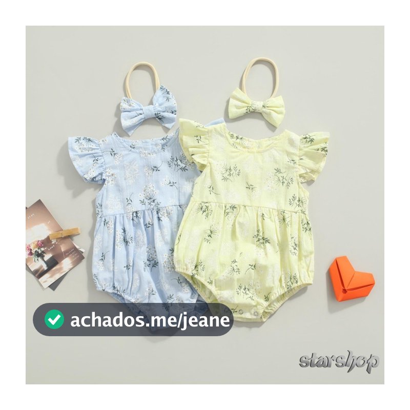 Starshop-Baby Romper Com Fita De Cabelo , Kids Floral Print Round Neck Fly Sleeve Bodysuit + Cabeça Para O Verão