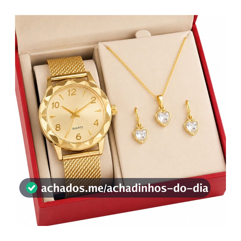 Relógio Feminino + Colar Pingente Brincos Folheado Pingo de Luz