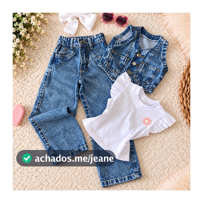 Conjunto Jeans Infantil 3 peças Menina Luxo Calça Wide Leg + Colete Jeans Moda Blogueirinha