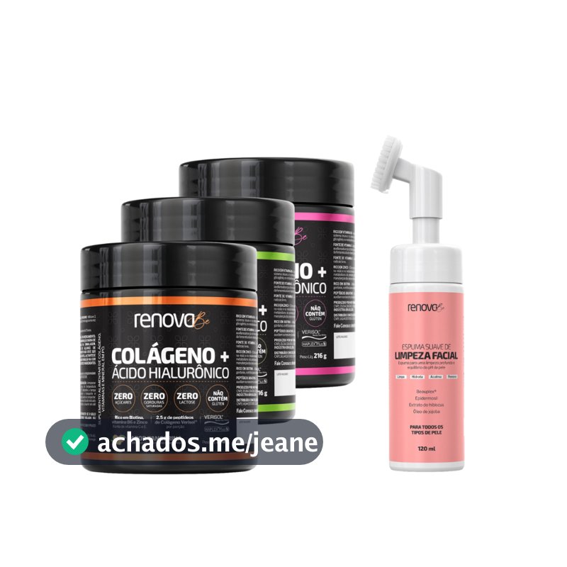 Kit 3 Potes Collagen Hidrolisado Verisol com Ácido Hialurônico + Espuma Limpeza Facial - Renova Be