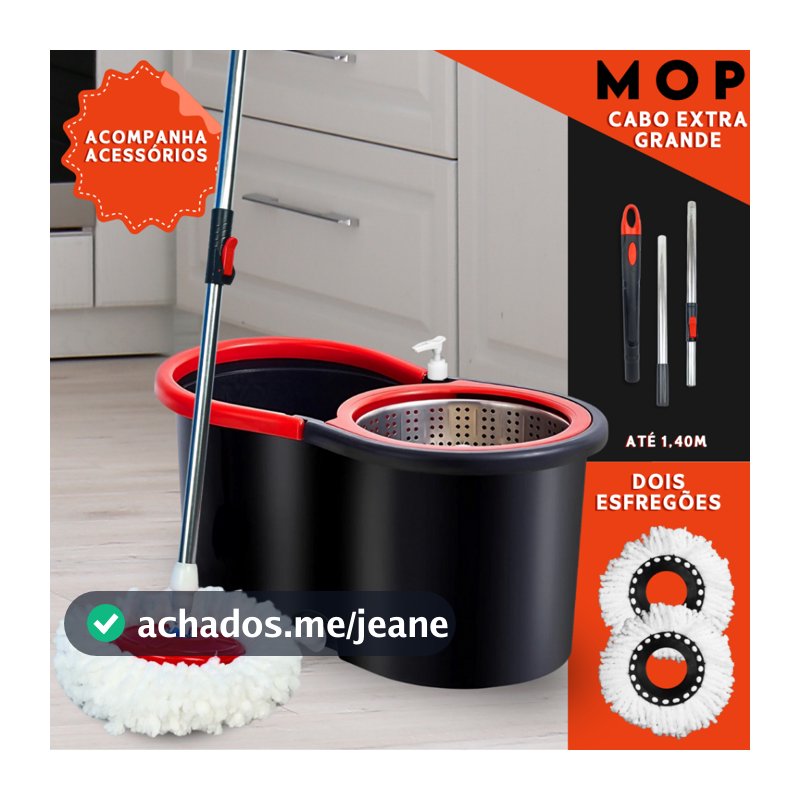 Mop Giratório 360 Cabo 140cm Balde Centrífuga Cesto Inox 14L 2 Refis Microfibra Esfregão Spin