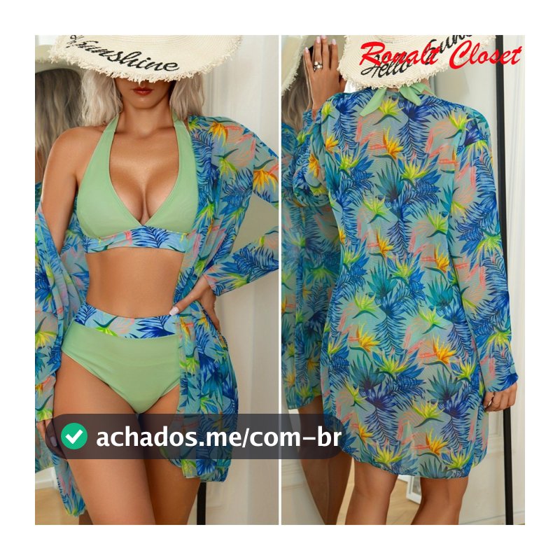 Biquíni 3 Peças Conjunto Praia Feminino Kimono Saída Estampa Tropical E Quimono Combinando Praia Verão