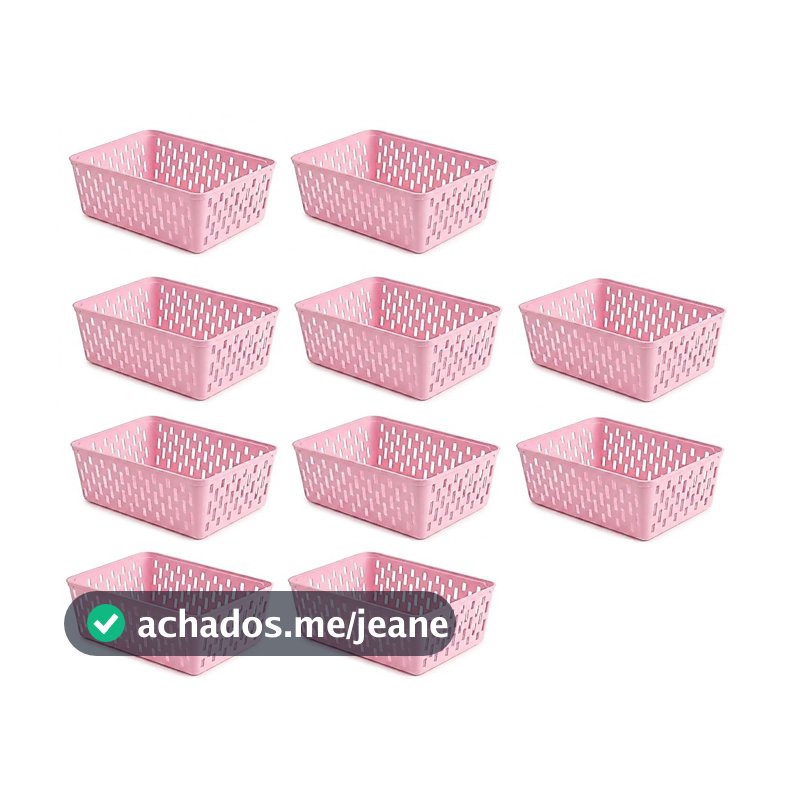 Kit 10 Cestos Plásticos Organizadores Vazados Rosa Gaveta Armário 16x11x6cm