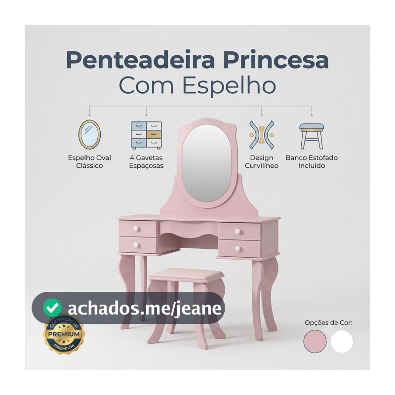 Penteadeira Princesa Com Espelho  - Rosa / Branco Com Banqueta