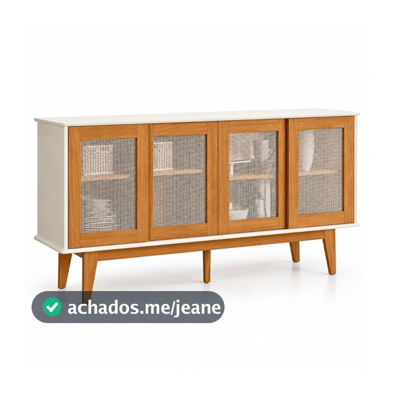 Buffet Aparador Detroit 4 Portas MDF Detalhe em Tela Ratã Retro Pés em Madeira - AV
