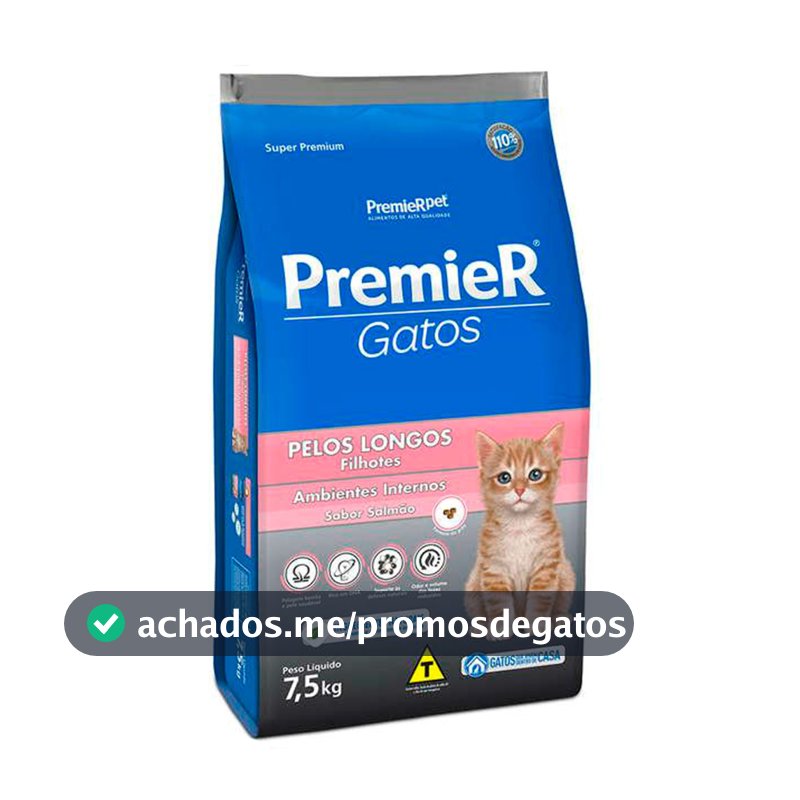Ração Premier Gatos Filhotes Pelos Longos Ambientes Internos Salmão 7,5kg