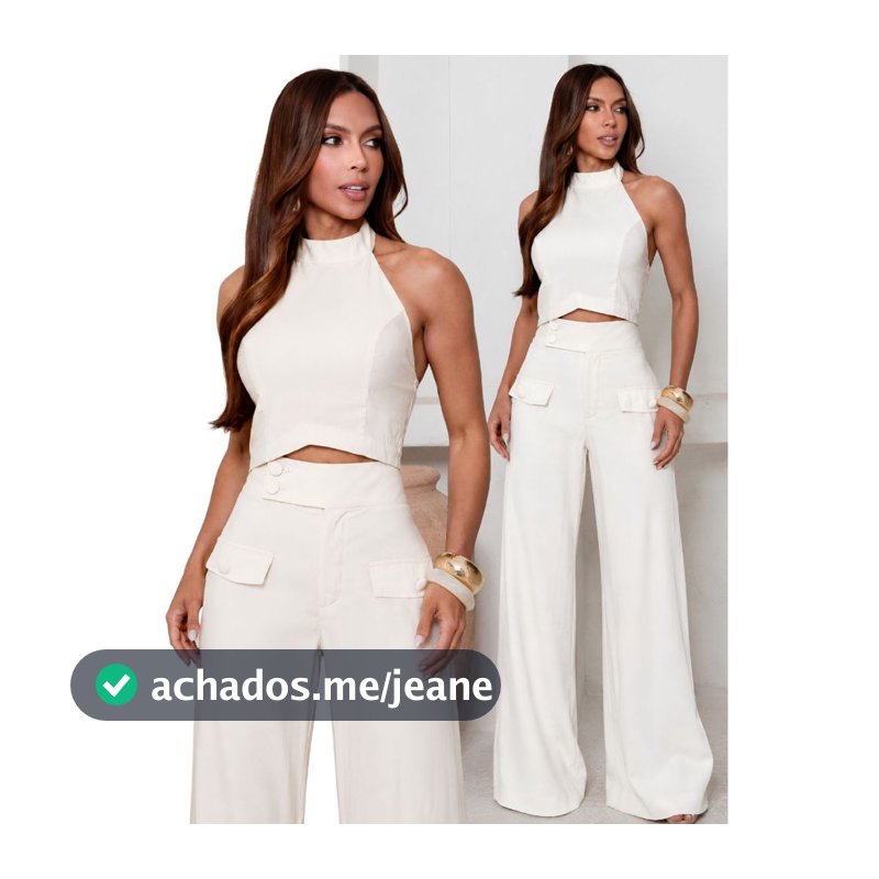Conjunto Feminino Alfaiataria Cropped e Calça Pantalona Elegante Frente Única Gola Alta com Bojo Marant Cintura Alta