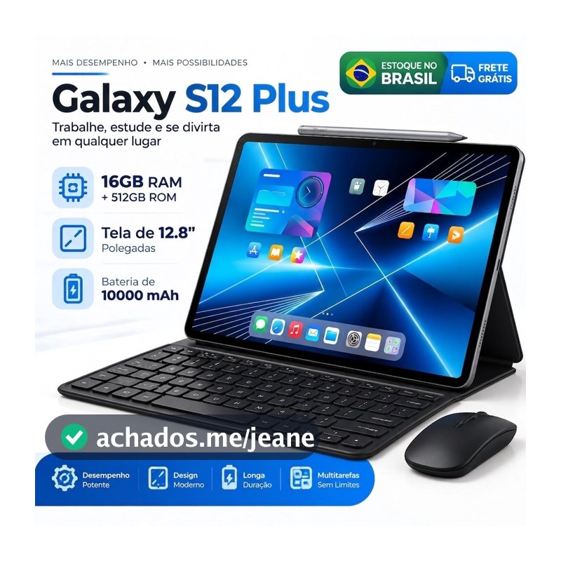 Tablet Galaxy S12 Plus Para Estudo e Jogos 16GB RAM 512GB Tela 12.8" Android 15 Dual SIM 5G 10000mAh