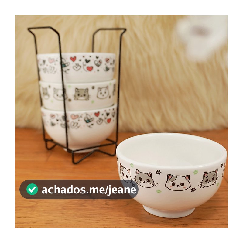 Kit Jogo 4 Tigelas Cumbuca Bowl Sopa Açaí Porcelana 350ml Decorada Pet + Suporte Metálico
